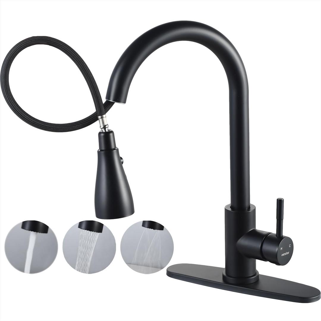 Kitchen Faucets with Pull Down Sprayer - Matte Black Stainless Steel Rotatable Kitchen Sink Faucet - Single-Handle Commercial Utility - 1 | 3 Holes with Deck Plate for RV & Bar