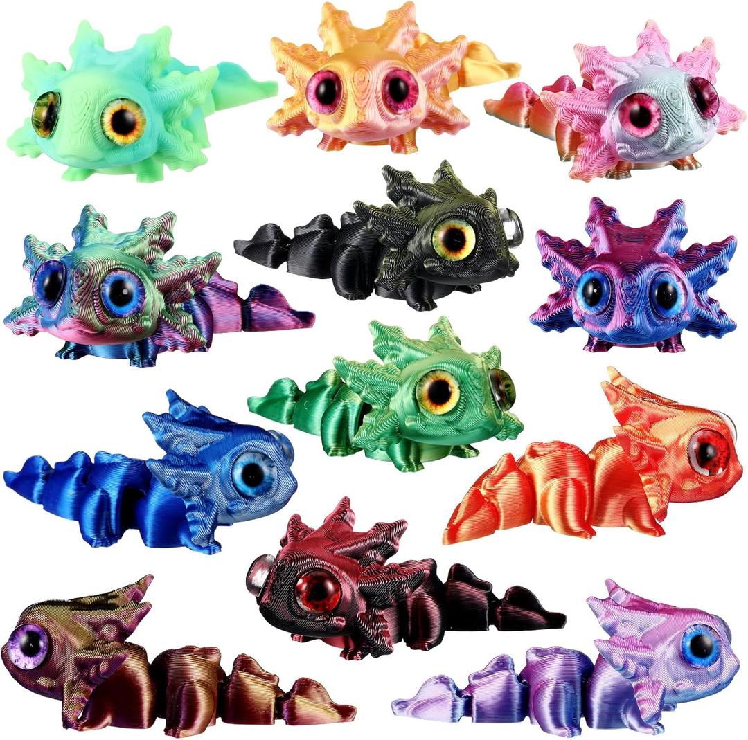 Honoson 12 Pcs 3D Printed Animal Fidget 3D Mini Animal Flexible Cute Articulated Small Stress Pet Relief Fidget for Adult Party Favors Home Display(5-7cm,Baby Axolotl) (6cm)
