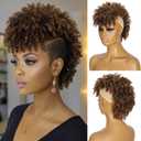 Mohawk Wig Kinky Curly Brown Ponytail with Bangs,Short Curly Synthetic Clip on Mohawk Brown Mix Black Ponytail Extension with Six Clips and Two Combs Fluffy Hair for Daily and Party Use 1B/30