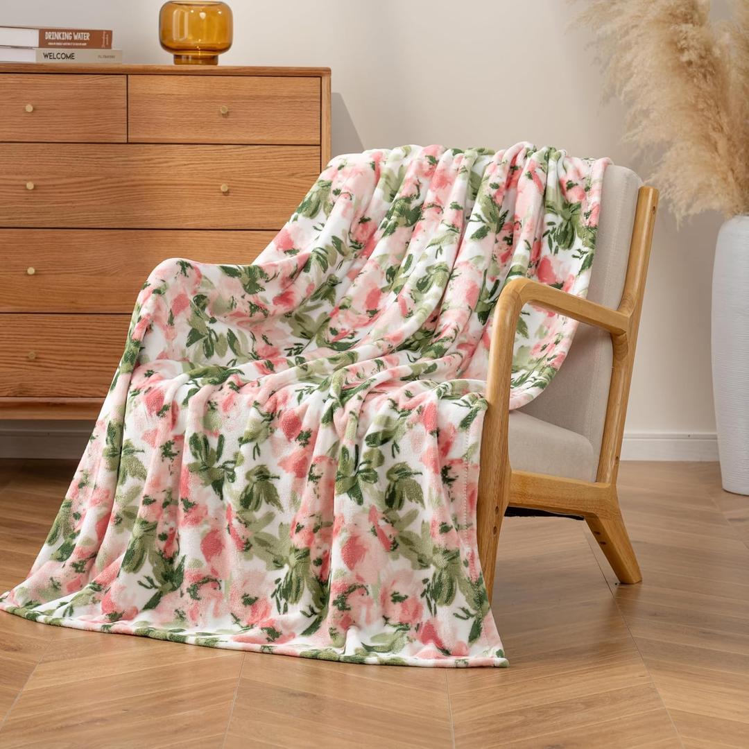 Luxury Printed Fleece Warm Throw Blanket, Soft Lightweight Velvety Plush Throw for Couch and Bed, Cozy Comfy for All Seasons (Ivory Pink Flowers, 5070 Inches)