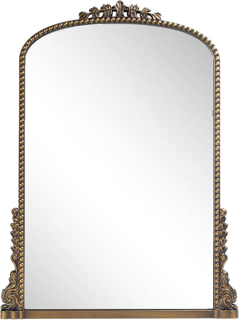 Vintage Baroque Arched Mirror - Traditional Ornate Antique Brass Wood Frame - 24"X32" - Perfect for Entryway, Fireplace, Living Room, Hallway, Bathroom