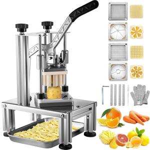 VEVOR Commercial French Fry Cutter with 4 Replacement Blades, 1/4" and 3/8" Blade Easy Dicer Chopper, 6-wedge Slicer and 6-wedge Apple Corer, Lemon Potato Cutter for French Fries with Extended Handle (1/4"+ 3/8"+Slicer+6-WedgeCorer)