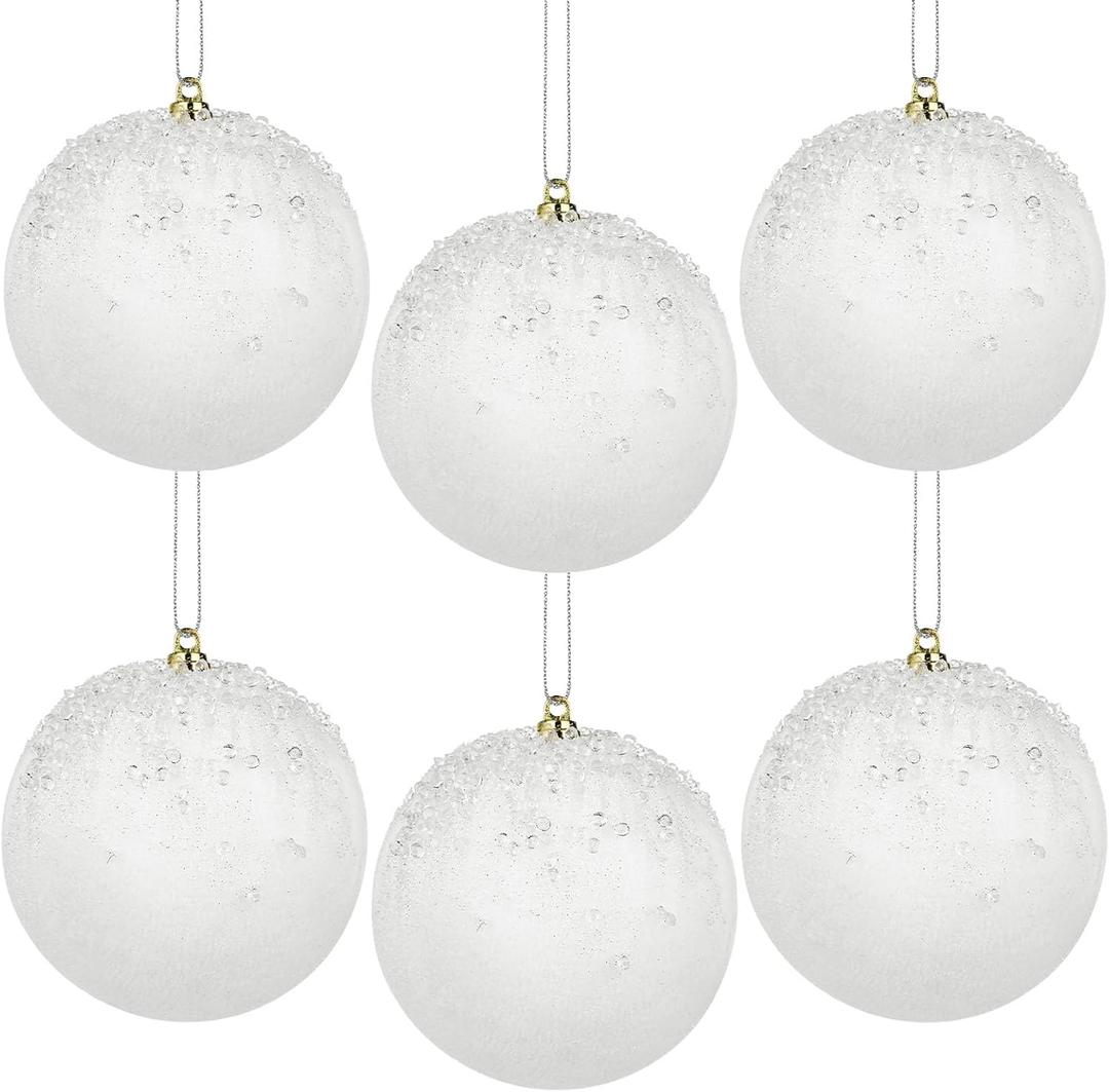 6PCS 4 inch White Glitter Velvet Christmas Ball Ornaments Set, Glitter Shatterproof Christmas Tree Hanging Ornament Flocked Hanging Balls Xmas Trees Wreath Garland Holiday Party, White