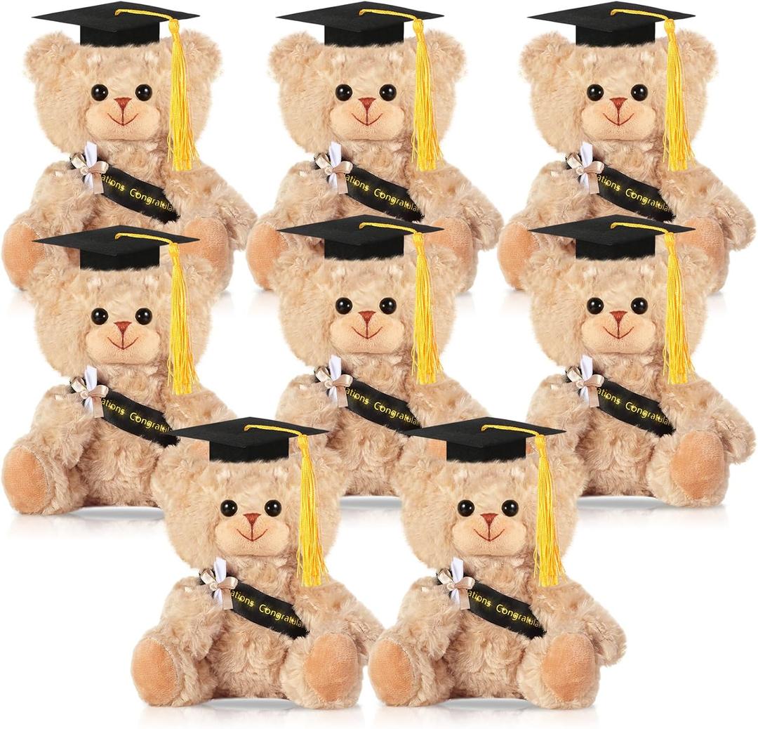 Sotiff 8 Pcs Plush Bear Bulk 7 Inch Stuffed Animal Bear with Graduation Hat and Diploma Gift for Friend, Relative, Preschool, College, High School Graduation Party (Khaki)