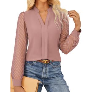 GRACE KARIN Women Business Casual Tops Sheer Lace Long Sleeve Blouses Work Office Pleated V Neck Shirt Fall Formal Outfits (Pink, M)