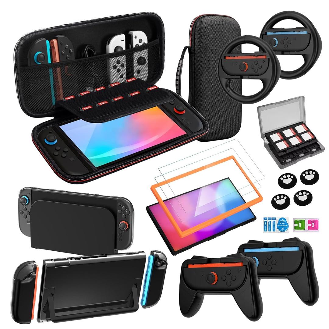 Switch 2 Carrying Case Screen Protector and Case Accessories Bundle for Nintendo Switch 2 Protective Case Steering Wheel Controller Dockable Console Protective Cover Shell Game Card Storage 16-in-1, Black