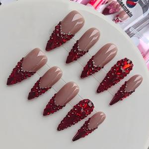French Stiletto Press on Nails Nude Base Red Rhinestone Decor Glamorous for Prom and Party Birthday Gift for Women M Size 1132HD