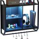 Gaming Floating Wall Shelves with Led Lights, Wall Mounted Shelf, 24" Led Lights and Adjustable Glass Bar Wine Shelf, Black Wall Shelf with 6 Hooks for Gaming Room Bedroom Living Room, 25" x 23.62" x 7.87"