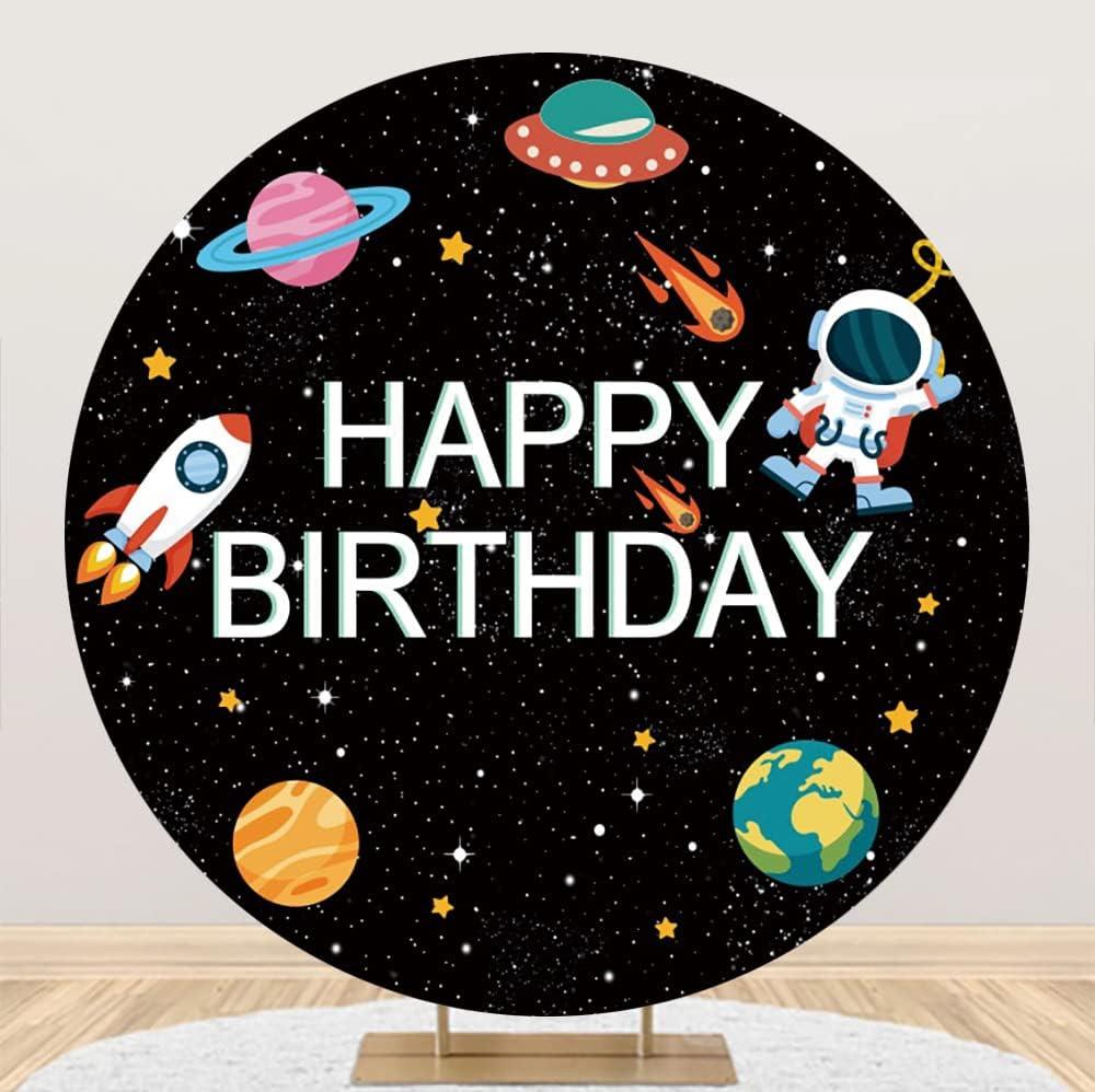 Leyiyi 7.2x7.2ft Cartoon Happy Birthday Round Backdrop Astronaut Universe Planet Space Photography Background Black Sky Round Backdrop Children Boys Birthday Carnival Party Photo Studio Props
