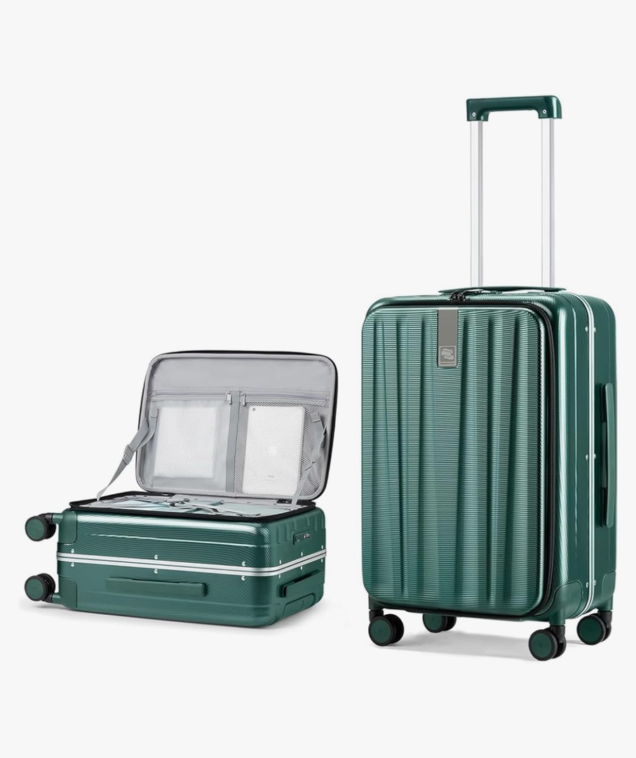 Hanke 24 Inch Checked Luggage Front Opening Rolling Suitcase Aluminum Frame PC hard sided luggage with spinner wheels for Travel Woman Men.(Dark Green)