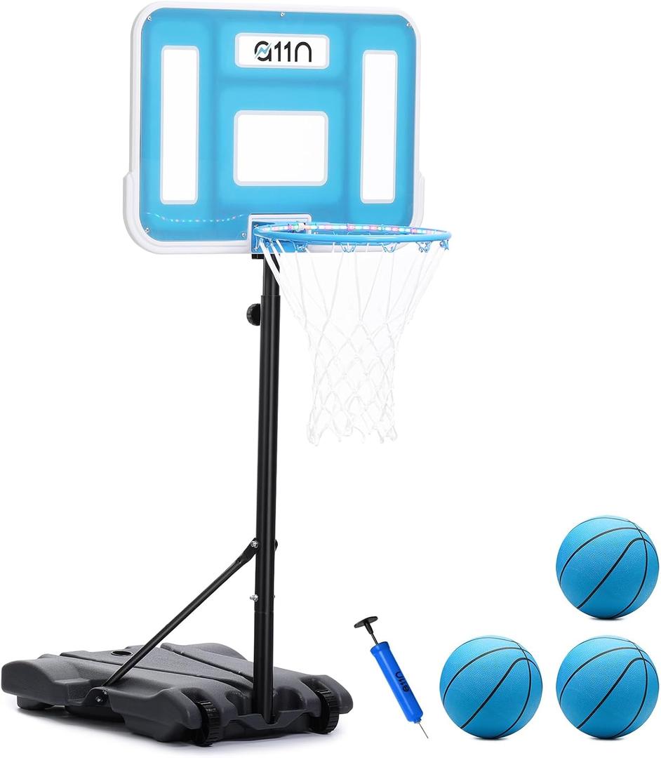 A11N SPORTS Pool Basketball Hoop with 16.5" LED Rim, Adjustable Height, PET Backboard, Sturdy Base, Ball & Pump Included Water Basketball Game for Poolside Play, 29" x 21.5" x 16.5"