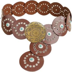 Western Belt for Women - PU Leather Cowboy Belt with Concho Details, Vintage Country Wide Boho Cowgirl Waist Belt for Ladies (L)