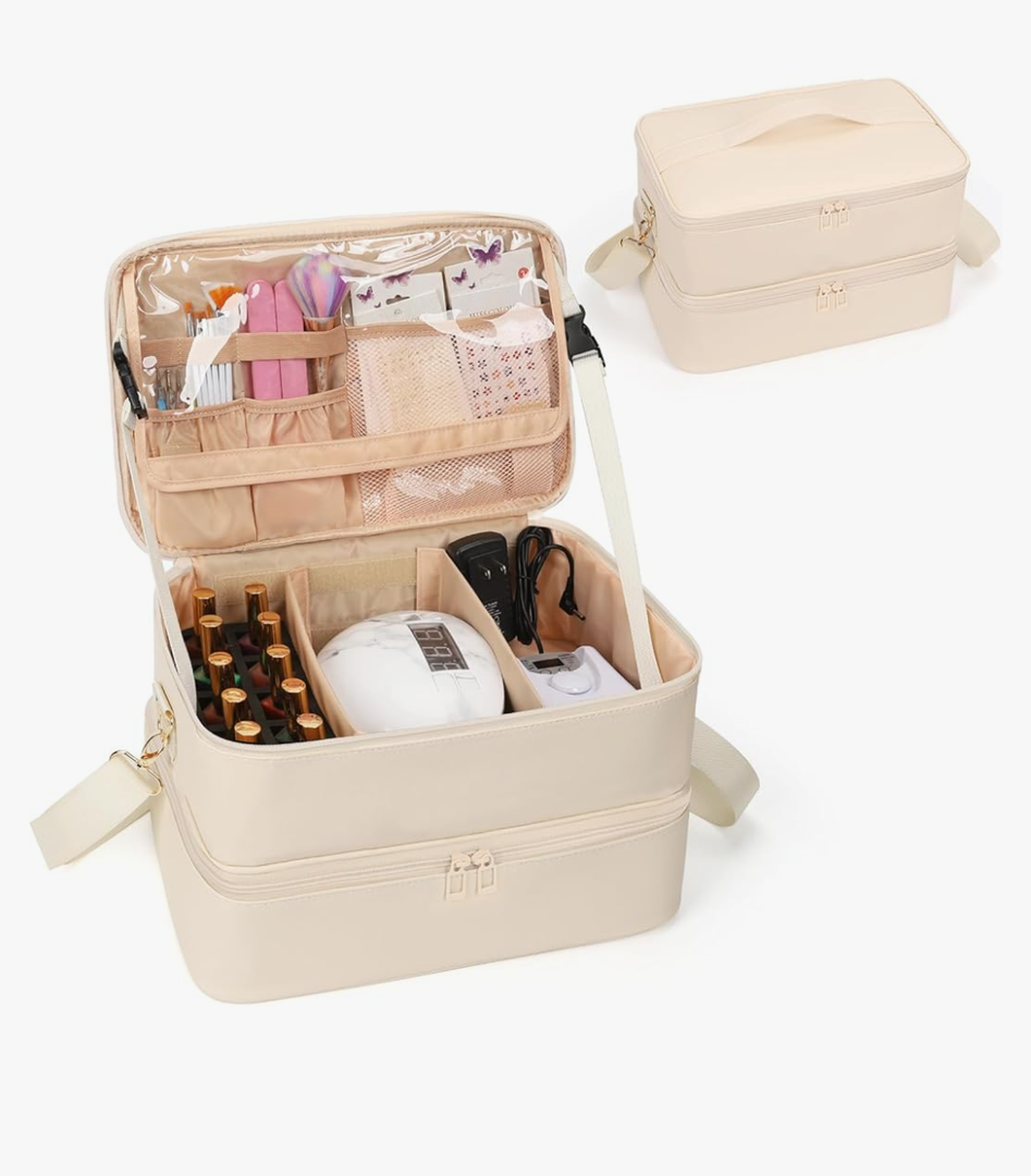 Ethereal Nail Polish Organizer Case, Leather Nail Polish Bag Holds 50+ Bottles (5ml/0.5fl.oz) and Nail Lamp, Nail Storage Organizer with Compartment, Leather White