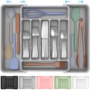 Extra Large Expandable Silverware Organizer, BPA-Free Food-Safe Cutlery Flatware Organizer, Kitchen Utensil Drawer Organizer, Adjustable Silverware Holder for Spoons Forks Knives, Gray