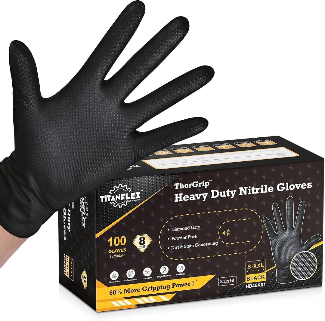 TitanFlex Heavy Duty Black Industrial Nitrile Gloves with Raised Diamond Texture, Latex Free (8mil) XL