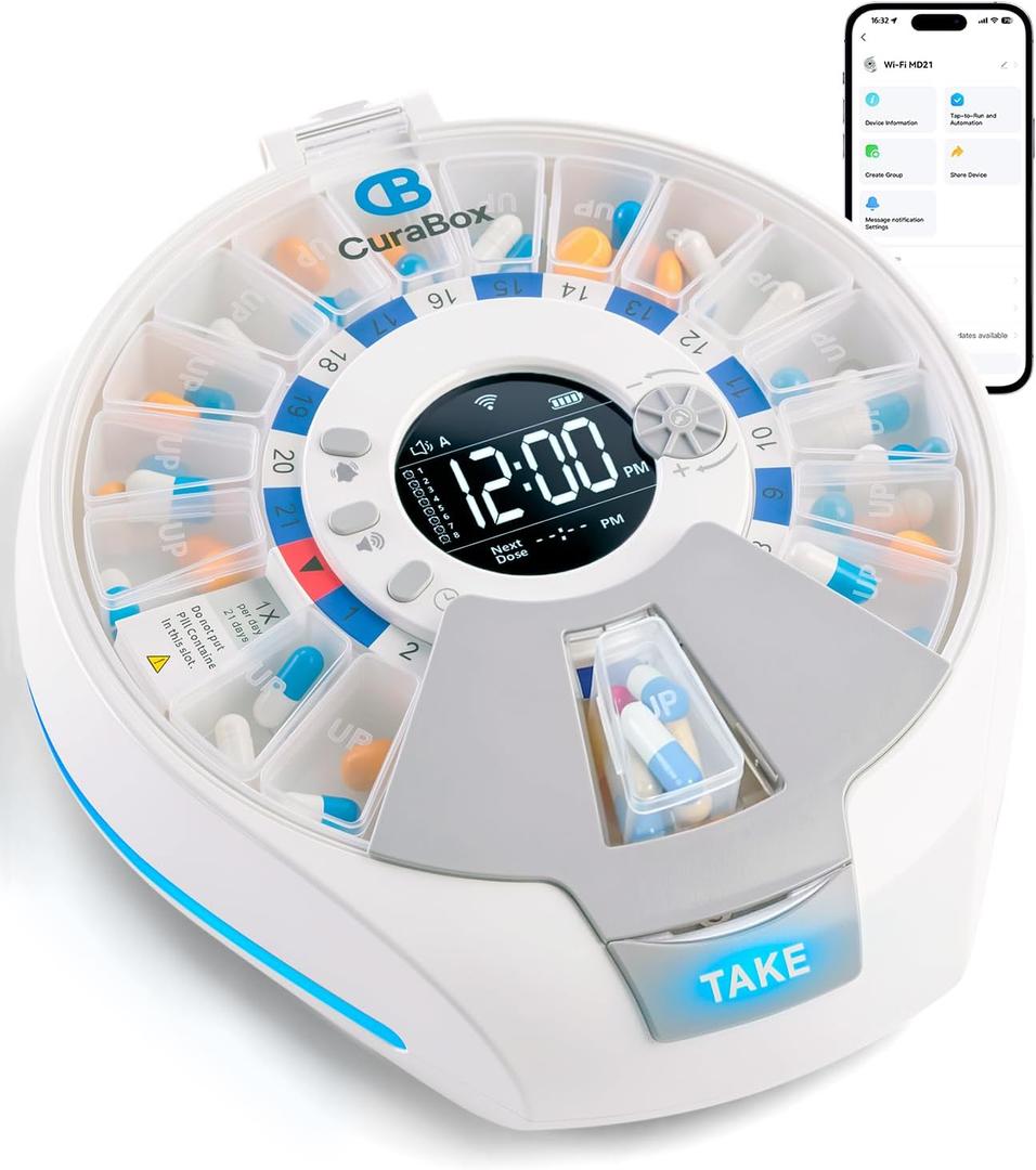 Wi-Fi Automatic Pill Dispenser Smart Medication Assistant for Seniors & Caregivers with 21 Individual Pods, Alarms & Sound Light Reminders, Remote Monitoring & Tracks Adherence History, Key Lock