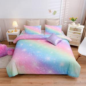 A Nice Night 6Pcs Gradient Glitter Bedding Set for Girls, Colorful Rainbow Galaxy Comforter Set, Ultra Soft Bedding Sets (Pink,Queen 6Pcs)