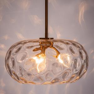 Large Glass Pendant Lighting, Hammered Lampshade Chandelier with Height Adjustable Hanging Rods, Brass Gold Chandelier for Dining Living Room Kitchen Island (Clear, 14 Inch)