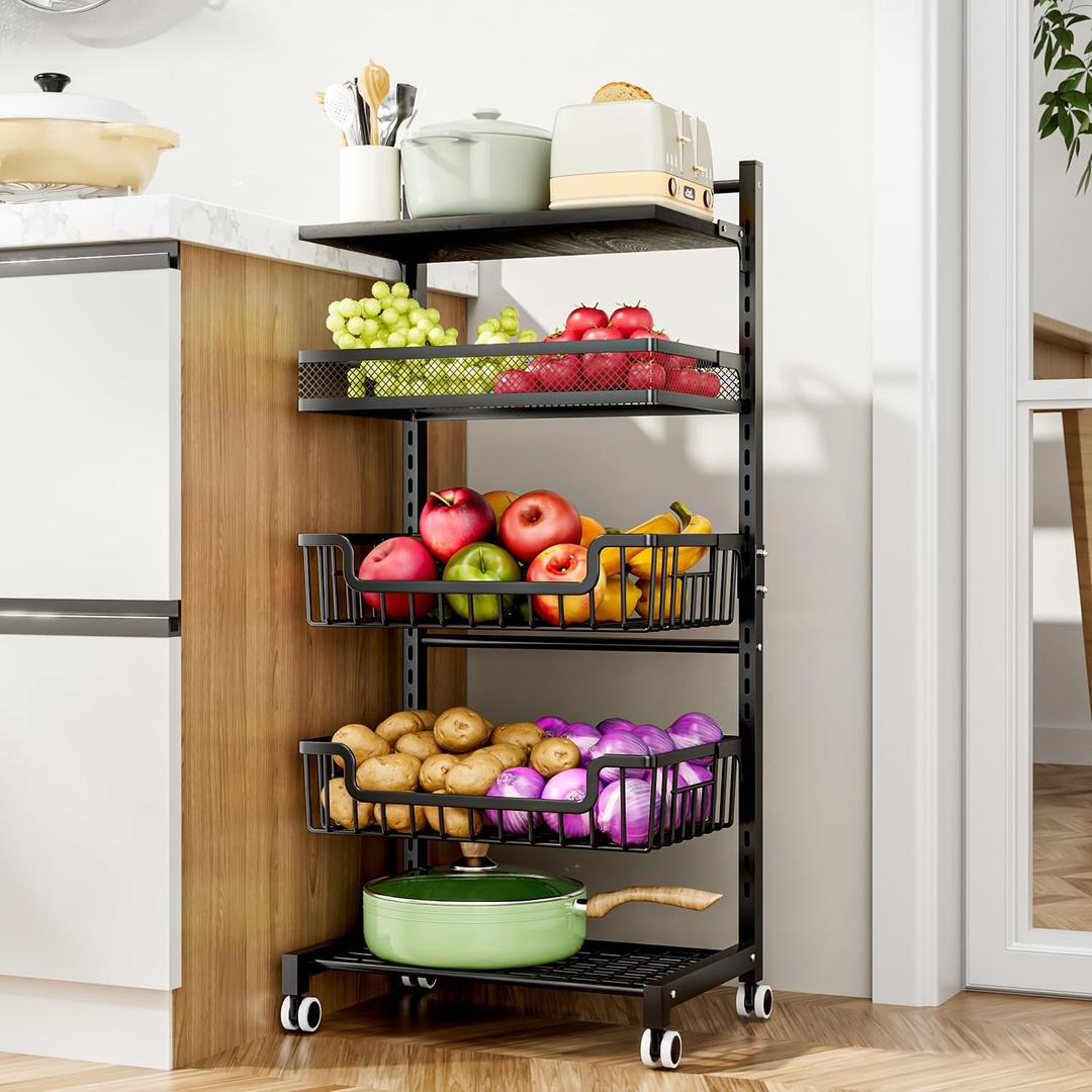 HapiRm Fruit Basket Kitchen Cart - 5 Tier Adjustable Vegetable Storage Rack, Large Capacity Rolling Kitchen Carts on Wheels for Snack,, Onion and Potato Storage