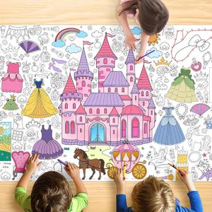 Princess Coloring Tablecloth for Kids, Giant 30x72 Inch Poster with Castles, Crowns, Fairy Tale Icons, Perfect for Girls Princess Party Games, Royal Decorations, Celebration Supplies