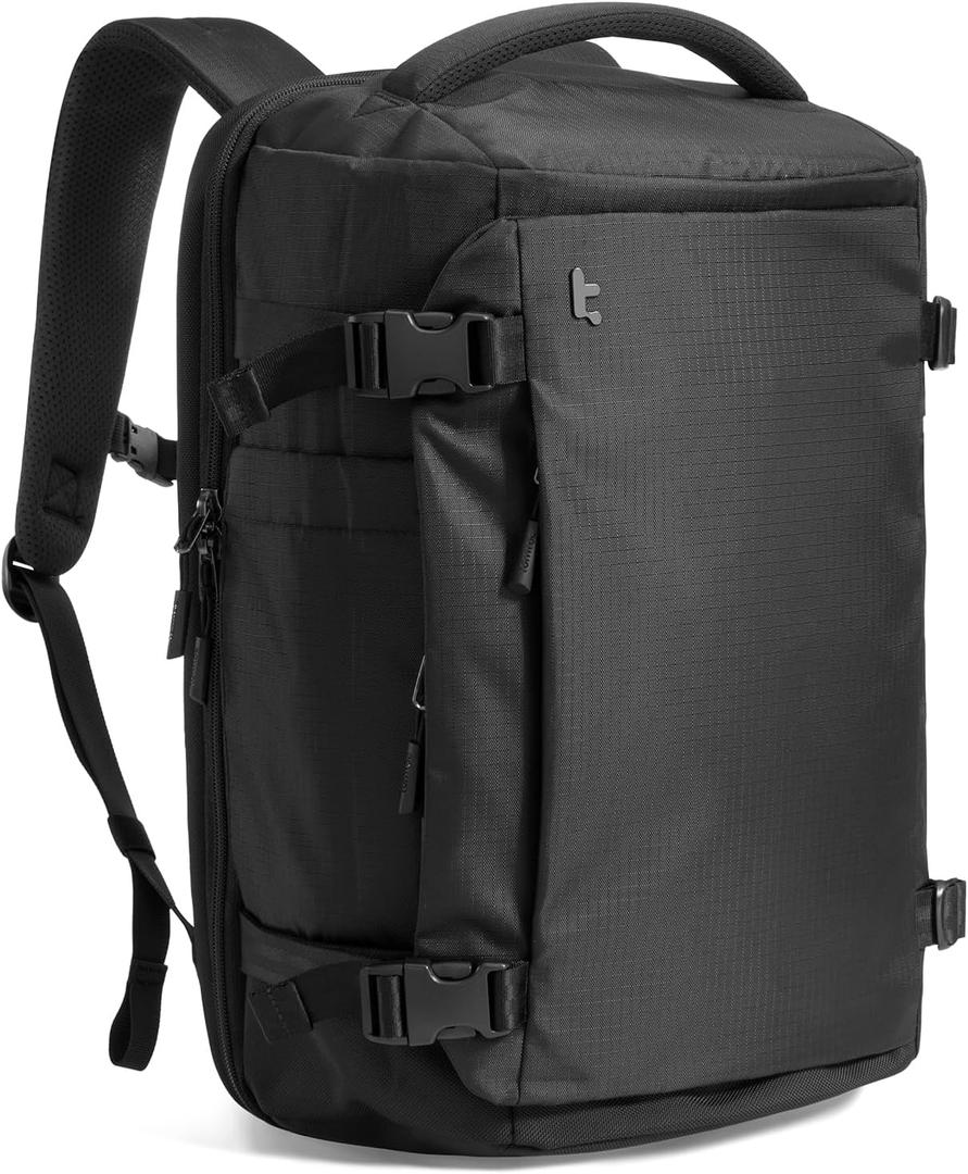 tomtoc Travel Backpack 28L, TSA Friendly Flight Approved Carry-on Luggage, Personal Item Travel Bag, Water-resistant Lightweight Business Rucksack, Durable Bag Fits 16 Inch Laptop (Black-ripstop)