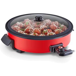 Dash Family Size Skillet - Electric Skillet for Multi-Purpose Cooking - Nonstick Cooking Surface - Tempered Glass Lid & Cool-Touch Handles - Red