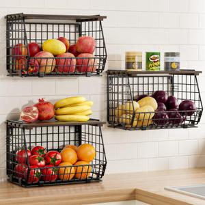 Wire Fruit Basket for Kitchen Storage: Hanging and Counter Wall Fruit Basket for Vegetable Produce - Potato and Onion Storage for Pantry 3 Pack