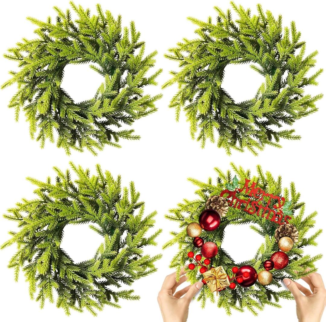 4 Pcs Christmas DIY Gree Wreath 10 Inch Green Artificial Wreaths DIY Faux Plain Wreaths Front Door Green Farmhouse Cabinets Wreath Indoor Outdoor Wall Decor(Pine Needle)