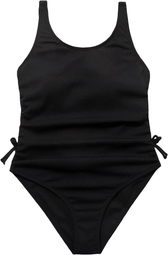 OYOANGLE Girl's Cute Spaghetti Straps Round Neck Drawstring One Piece Swimwear Tie Bathing Suit (Black, 9-10 y)