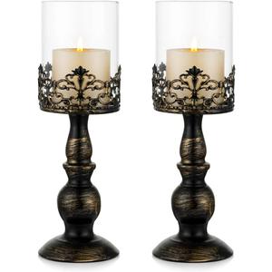 Sziqiqi Vintage Distressed Black Hurricane Candle Holders 2pcs, Versatile Metallic Pedestal Glass Floral Centerpiece Base for Wedding Party Home Decoration Fireplace Mantel Decoration 33cm/13in (L-2pcs)