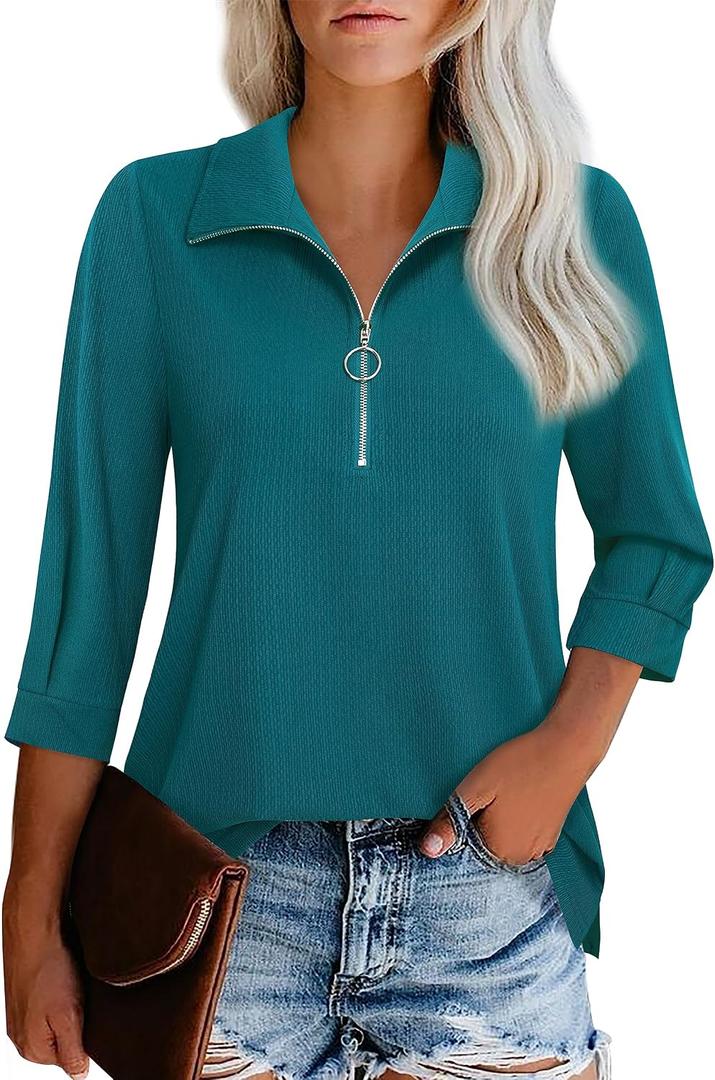 Vivilli Womens Tops Dressy Casual 3/4 Length Sleeve V Neck Shirts and Blouses Zipper Collar Women Polo Shirts (Green, L)