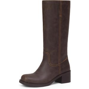 Mid Calf Boots for Women Chunky Block Low Heel Square Toe Comfortable Casual Trendy Stylish Boots (8.5, Matte Dark Brown)