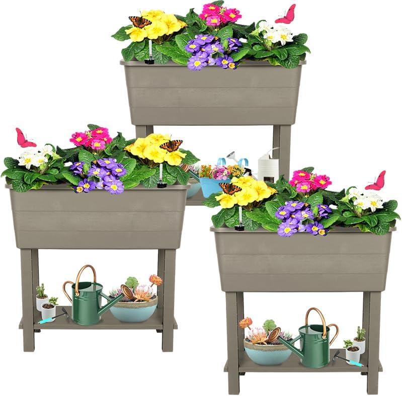 3 Pcs Self Watering Elevated Raised Garden Bed, Large Outdoor Plastic Planter Box Big Flower Plant Pot for Planting Flowers Vegetables and Herbs (3, Khaki)