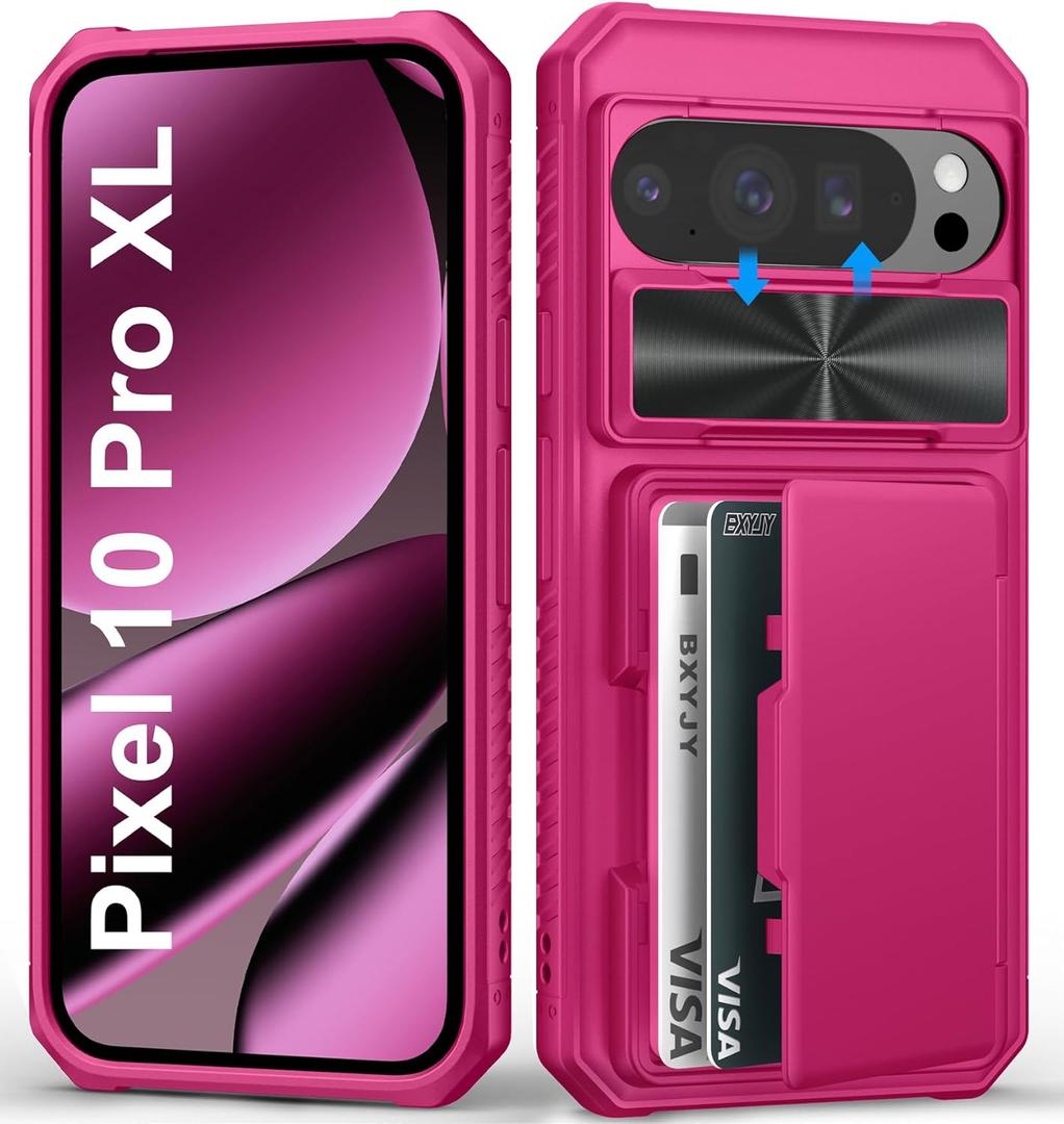 for Google Pixel 10 Pro XL Wallet Case with Card Holder (4-5 Cards), Slide Camera Cover, Military Grade Protection, Heavy Duty Women Girly Men Protective Phone Case for Pixel 10 Pro XL, Hot Pink