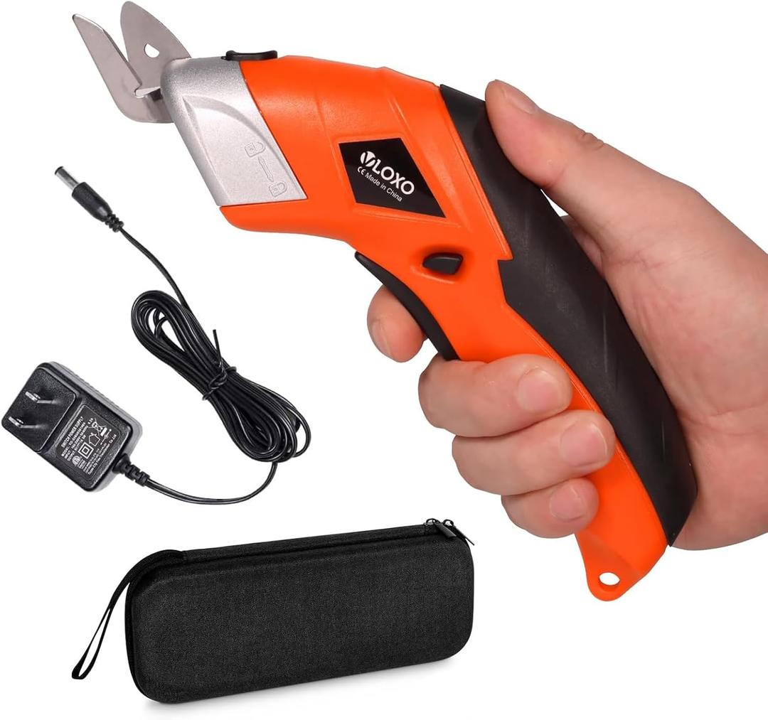 VLOXO Cordless Electric Scissors, Cardboard Cutter Electric Fabric Scissors Box Cutter with Blades Rechargeable Powerful Fabric Cutter for Crafts Leather Carboard Carpet Plastic Felt with Case Orange