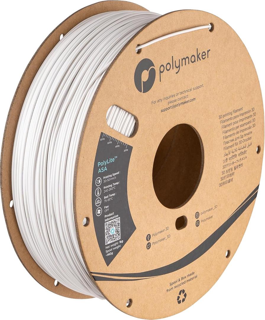 Polymaker ASA Filament 1.75mm White, 1kg ASA 3D Printing Filament, Heat & Weather Resistant - ASA 3D Printer Filament Perfect for Printing Outdoor Functional Parts