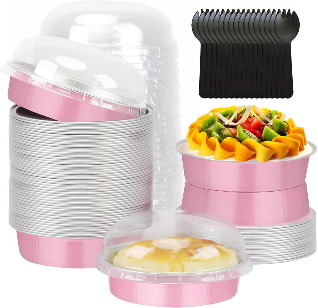 LNYZQUS 4” Mini Cake Tins with Lids 50 Pack, Small Aluminum Foil Pie Pans Disposable Ramekins Mini Tart Creme Brulee Baking Pans Dishes,Individual Muffin Tins Small Cake Contaniers-Pink
