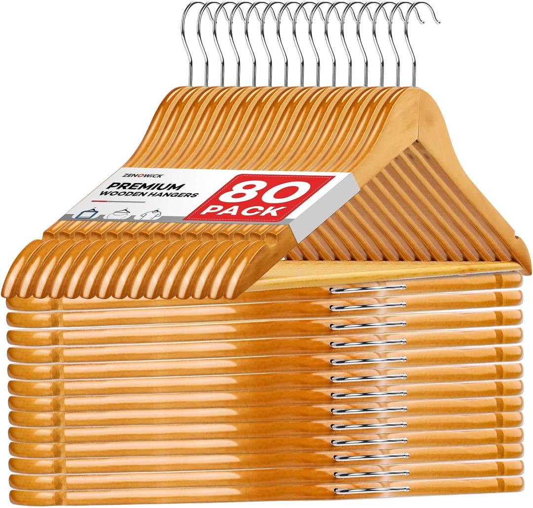 Wooden Hangers 80 Pack,Wood Hangers for Coats, Suits, Jackets, Closet & Pants Durable Premium Wood Hangers with 360-Degree Rotatable Hook and Notches, Natural