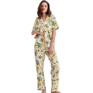 100% Cotton Pajamas for Women Sets 2 Pieces Pjs Button short sleeves with Pockets Soft Sleepwear Loungewear XS-XXL (Yellow Lemon Floral) XL
