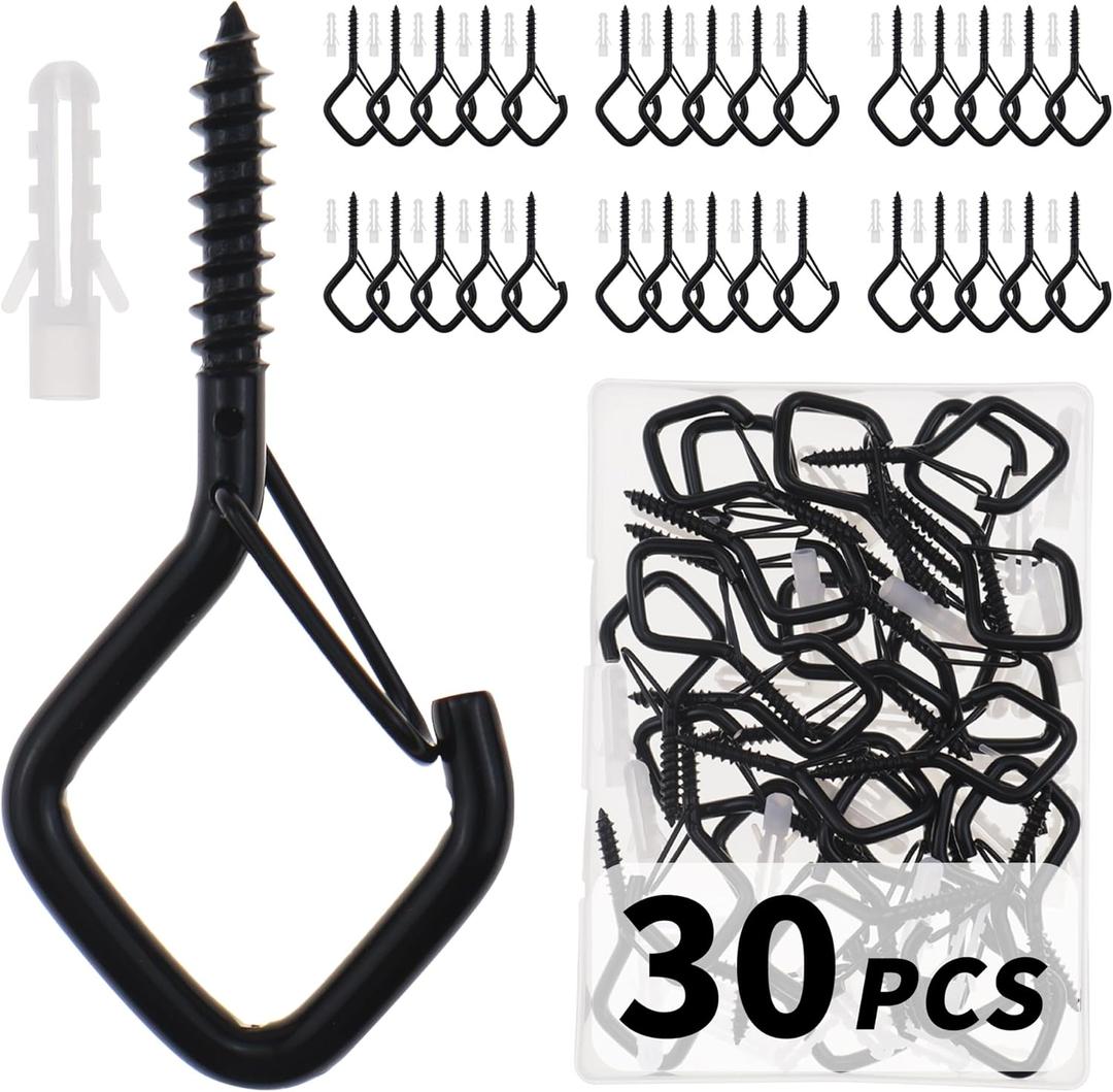CADONO 30 PCS Cup Screw-in Hanger Hooks with Safety Buckle, Windproof Screw Hooks Perfect for Hanging Outdoor String Lights, Plants, and Patio Lights,for Ceiling and Wall Mount, 2.2 Inches in Black