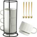 Stackable Coffee Mugs, Coffee Mug Set of 4 with Spoons & Stand, 13oz Espresso Cups for Drinks Latte Cappuccino Tea, Coffee Cup for Housewarming Birthday Gift, Dishwasher Safe, White