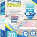 20 Pack Vacuum Storage Bags with Hand Pump, 4 Jumbo + 4 Large + 4 Medium + 8 Small Plastic Packaging Bags, 80% Space Saver Vacuum Seal Bags for Clothing, Travel Lugggage, Blankets, Comforters