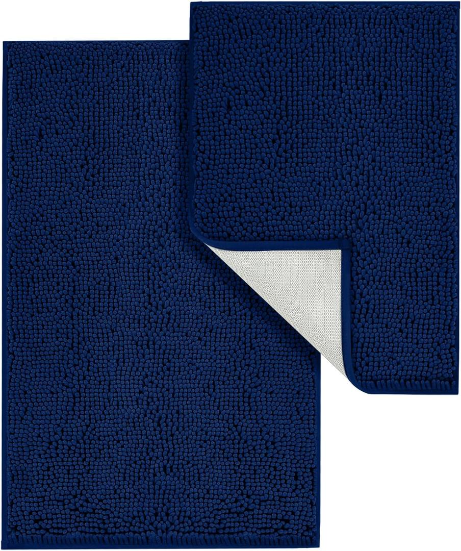 Shaggy Set 2 piece, Plush Chenille Bathroom Mats with Non-slip Backing, Absorbent Rugs (24x16 + 32x20), Navy Blue