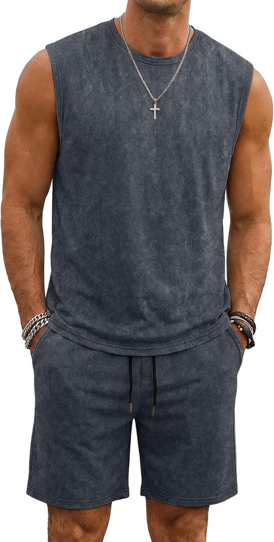 JMIERR Men's Vintage Acid Wash Two Piece Set Tank Top and Shorts