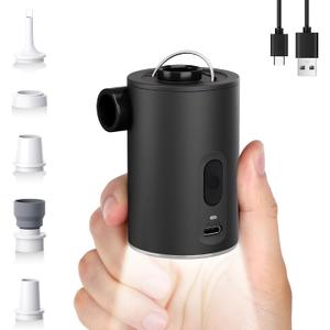 Portable Air Pump for Inflatables, Ultra-Mini Air Mattress Pump 4X with 1600mAh Battery & Camping Light, USB Rechargeable Air Pump for Swimming Rings, Pool Floats, Sleeping Pads, Vacuum Storage Bags (Black)