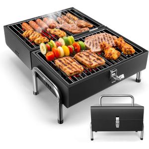 Portable Charcoal Grill, Table Top Small BBQ Grill For Outdoor, Camping, Beach, Easy Assembly, Heavy Duty & Multi-Use Small Grill, Black (270 Sq.In)
