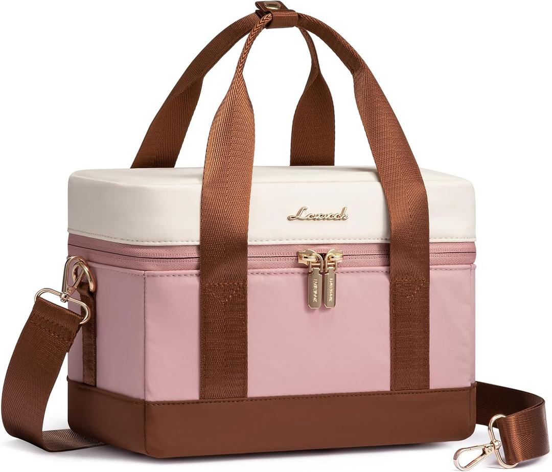 LOVEVOOK Insulated Lunch Bag for Women - Cute Lunch Box Cooler for Work, Picnic, and Beach, Pink (Medium, Pink-beige-brown)