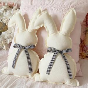 2 Pcs Easter Bunny Throw Pillows Cute Rabbit Shaped Cotton-Linen Decorative Pillows with Plaid Bow Tie Farmhouse Easter Home Decor for Bedroom Sofa Couch Birthday Gift Ideas (16.9x9.8 Inches, White With Black and White Bow Tie)