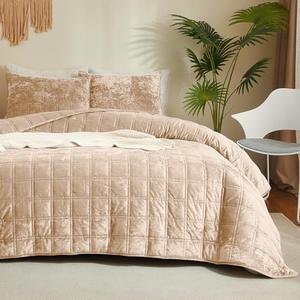 Wondnuga Luxury Soft Velvet Quilt Set Full Queen Size - Lightweight Velvet Bedding Set for All Season, Oversized Bedspread Coverlet Comforter Set with 2 Pillow Shams, Beige Brown, Checkered