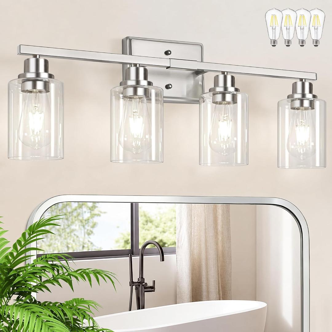 Unicozin Modern Brushed Nickel Bathroom Light Fixtures, 4-Light Vanity Lights Over Mirror with E26 LED Bulbs Included, Wall Sconce with Clear Glass Shades for Living Room Bedroom Hallway Kitchen